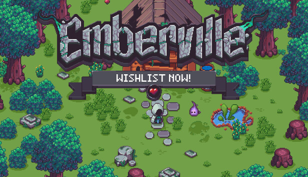 Emberville official Steam capsule — pixel-art character at the edge of a forest, ruined house and the town of Emberville behind.