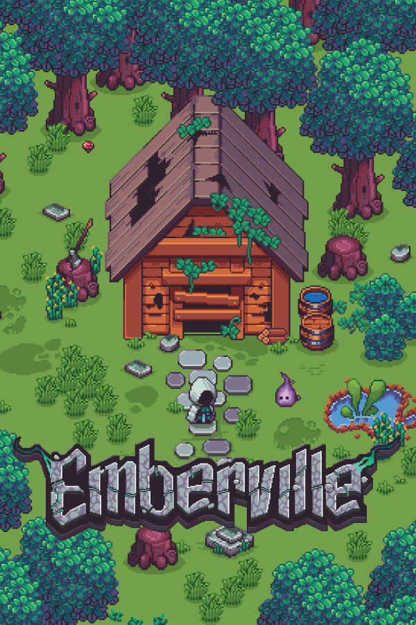 Emberville official portrait: a pixel-art adventurer stands in front of a ruined house, surrounded by forest.